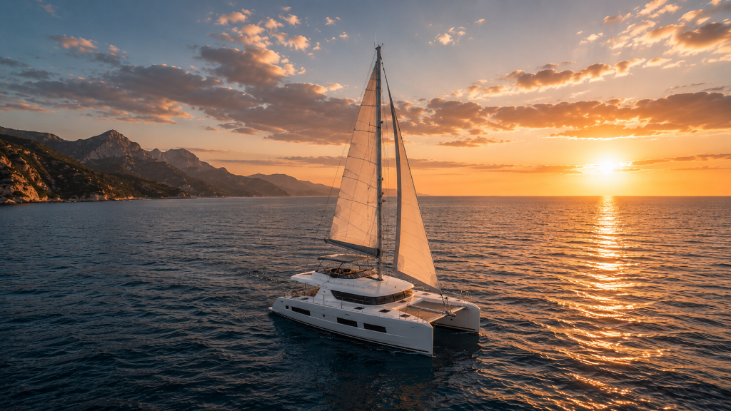 Catamaran under sail at sunset on a calm sea